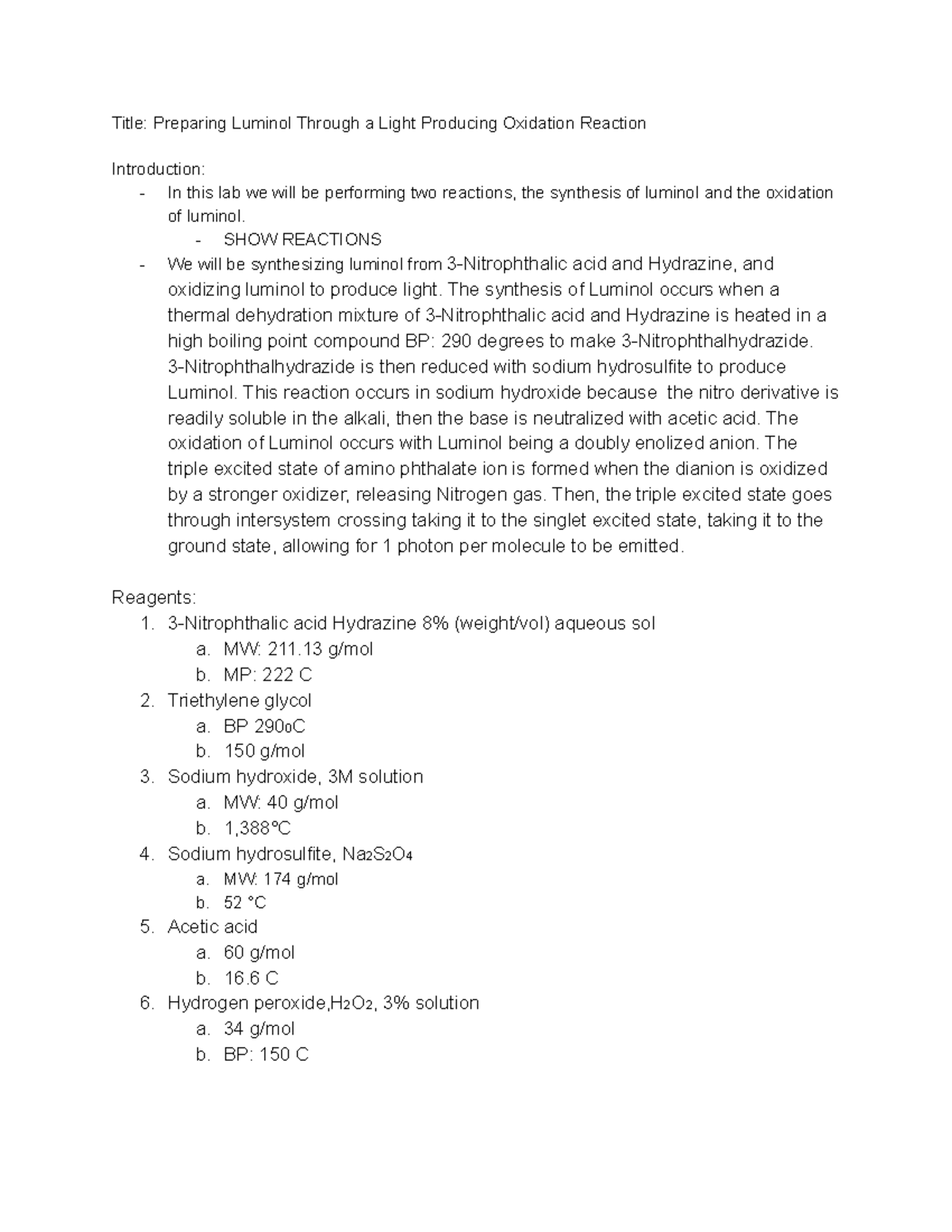 Orgo 2 Lab 2 - Luminol Synthesis & Oxidation Lab Report with Results ...