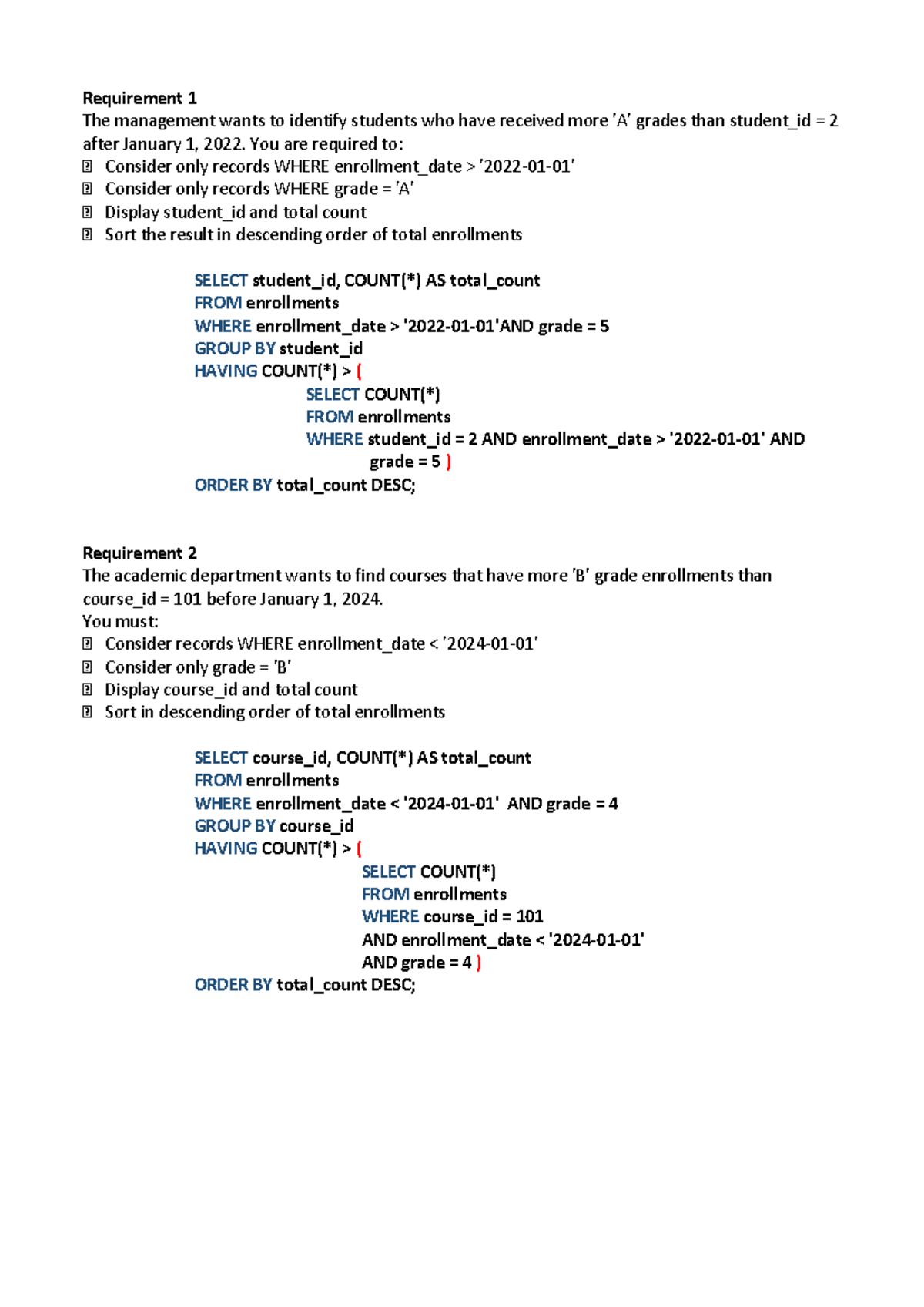 SQL-SQ PDF: Requirements for Student and Course Grade Analysis - Studocu