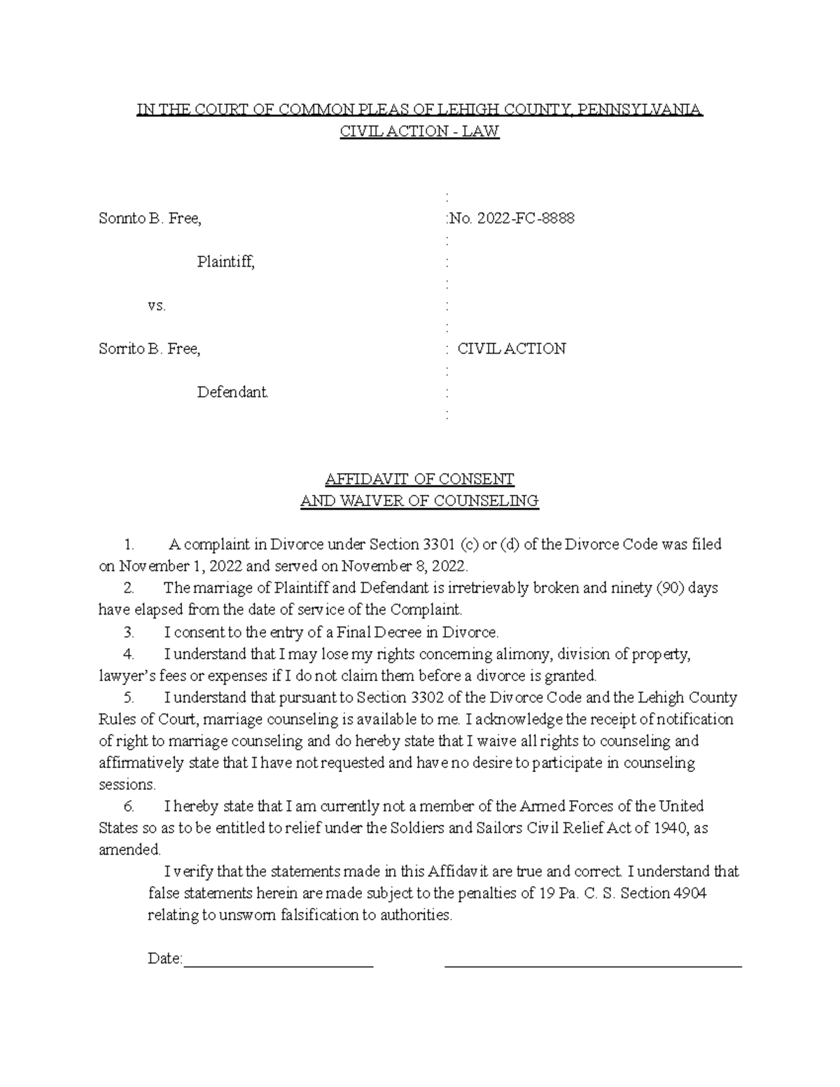 CIVIL ACTION Affidavit of Consent & Waiver of Counseling Template - Studocu