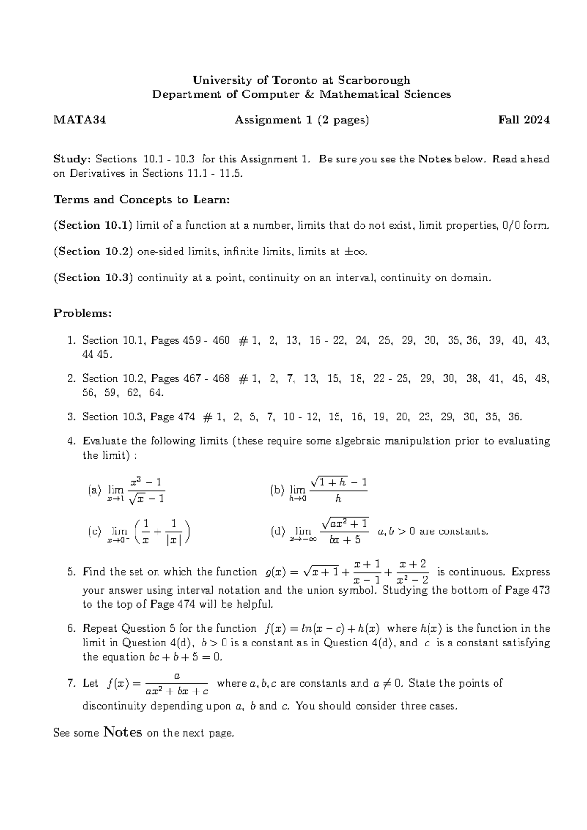 MATA34 Fall 2024 - Assignment 1: Limits and Continuity Concepts - Studocu