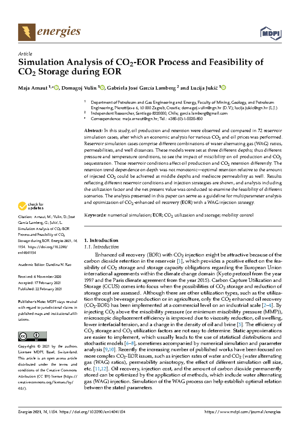 Simulation Analysis of CO2-EOR Feasibility and Storage - Energies 14 ...