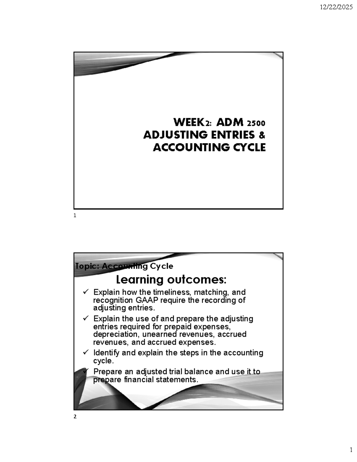 W26: ADM 2500 Adjusting Entries & Accounting Cycle Overview - Studocu