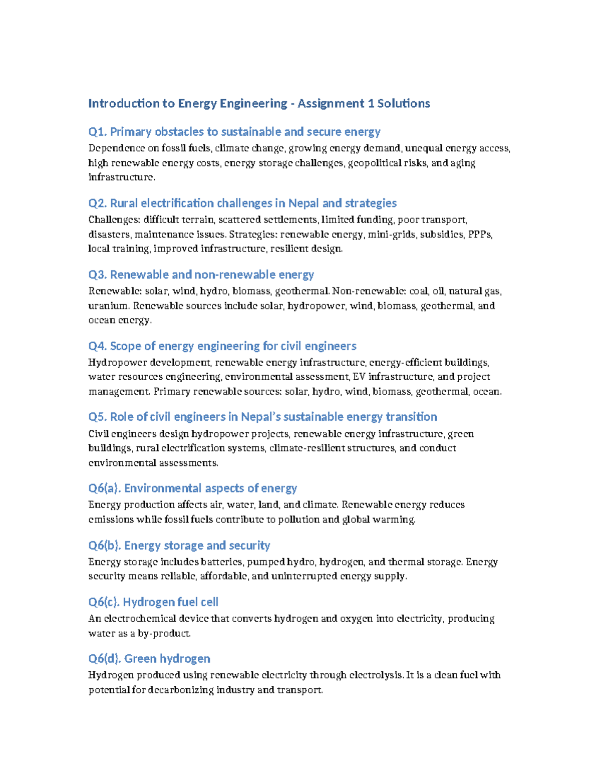 Energy Engineering (ENGR 101) Assignment 1 Solutions Overview - Studocu
