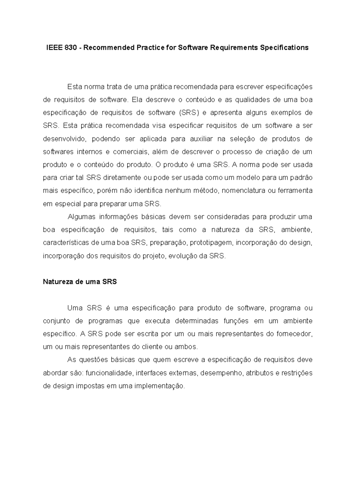 Resumo da Norma IEEE 830 para Especificações de Requisitos de Software ...