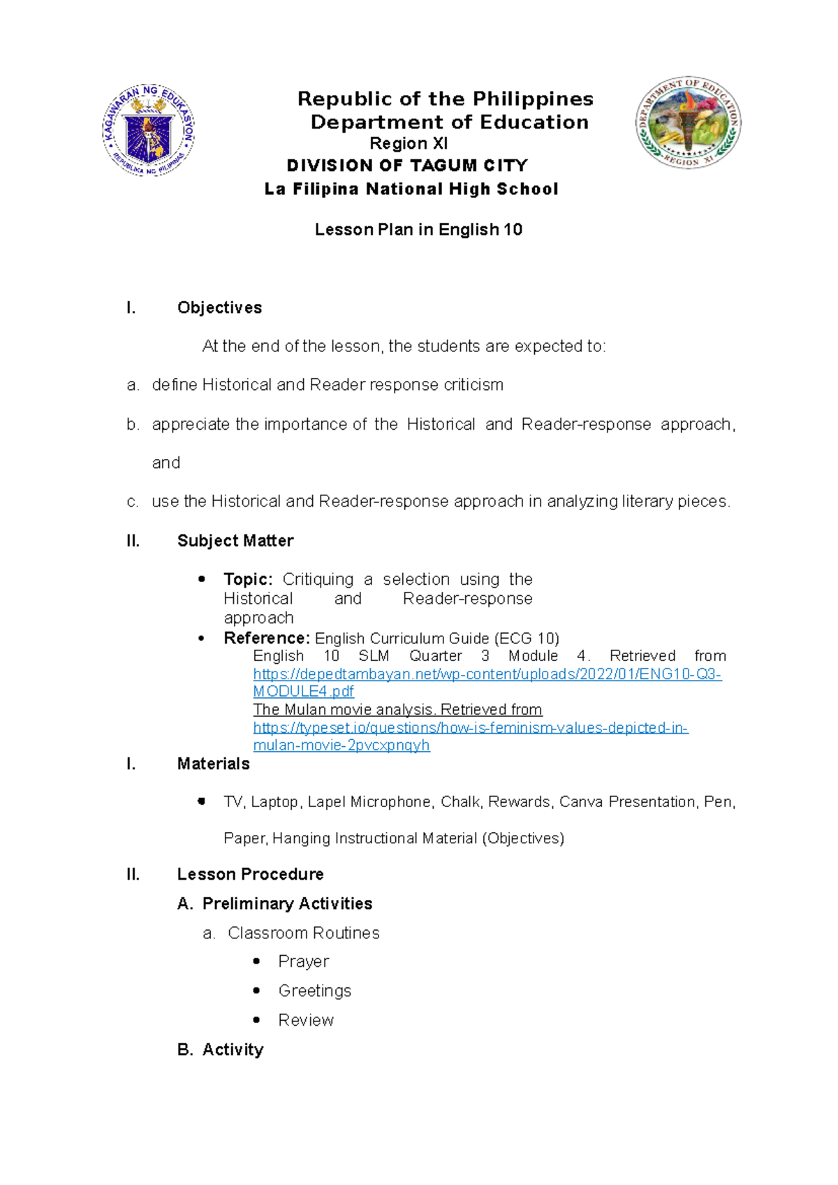 Lesson Plan: Historical & Reader Response in English 10 - Studocu