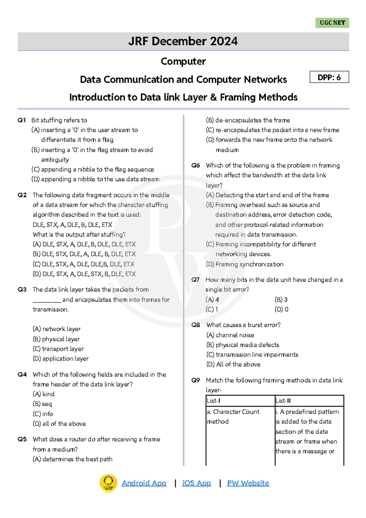UGC NET JRF Dec 2024: Data Link Layer Framing Methods DPP 6 - Studocu