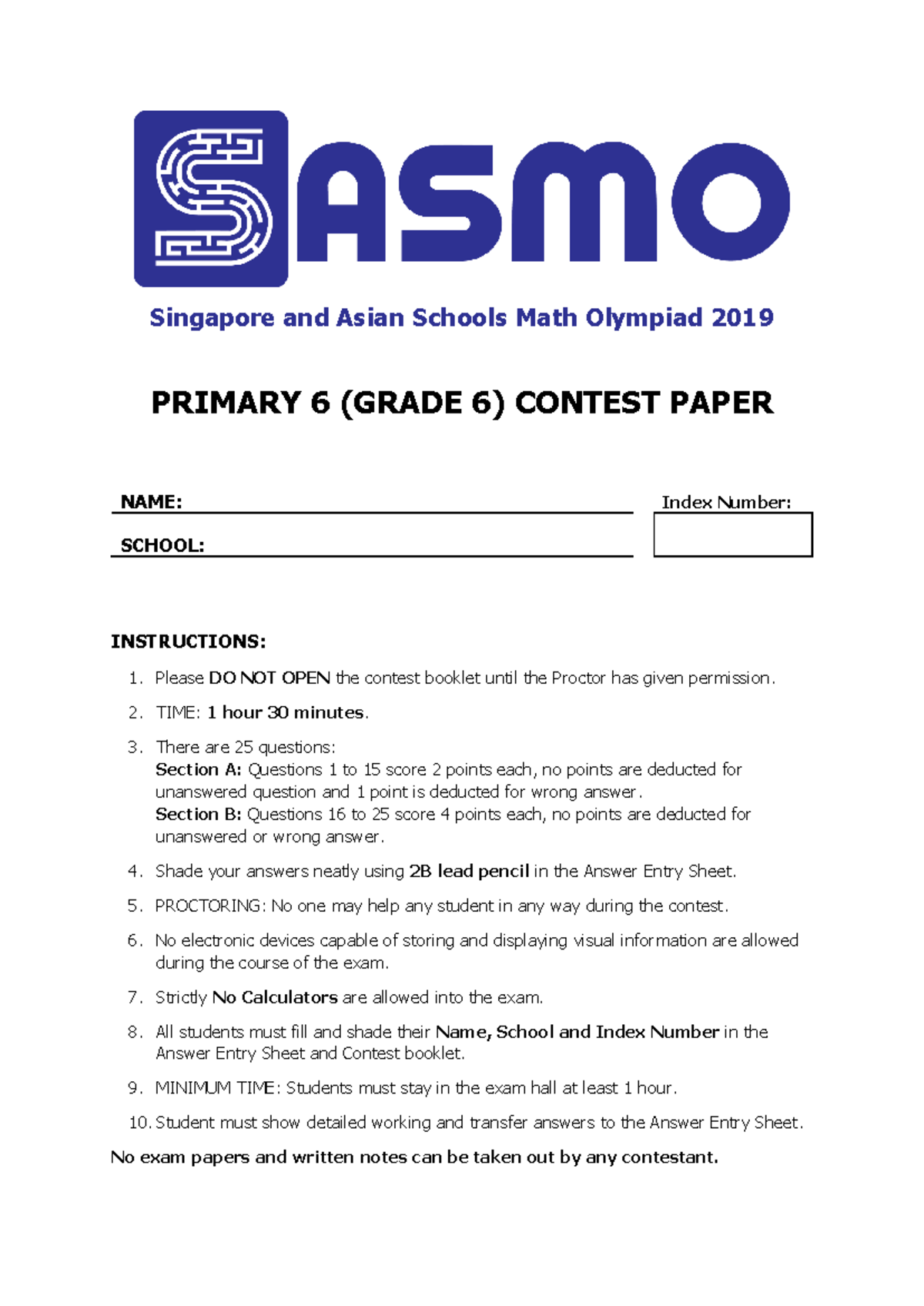 SASMO 2019 Primary 6 Contest Paper - Practice Questions - Studocu