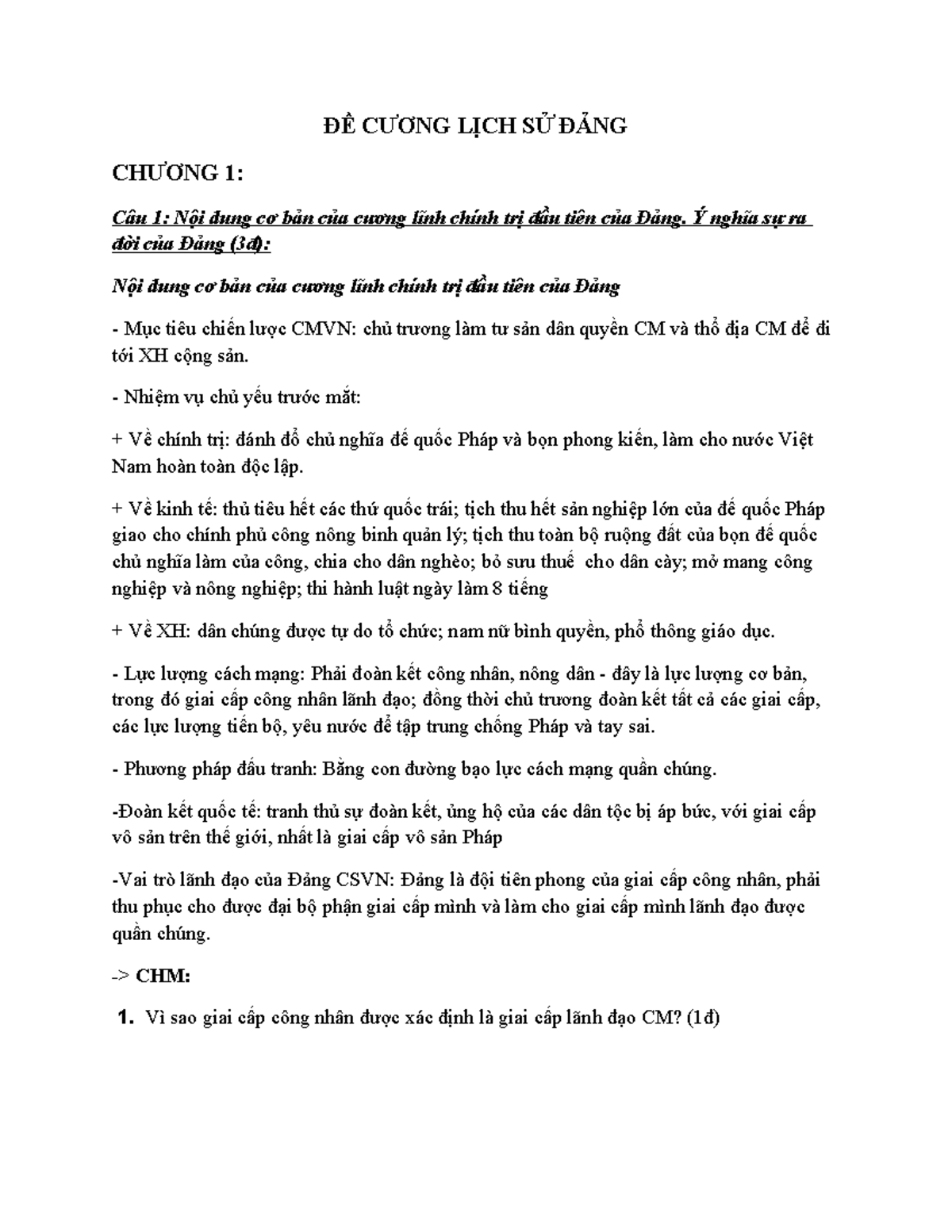 Đề Cương Lịch Sử Đảng - Tài Liệu Ôn Tập Chi Tiết (Lịch Sử Đảng) - Document Preview