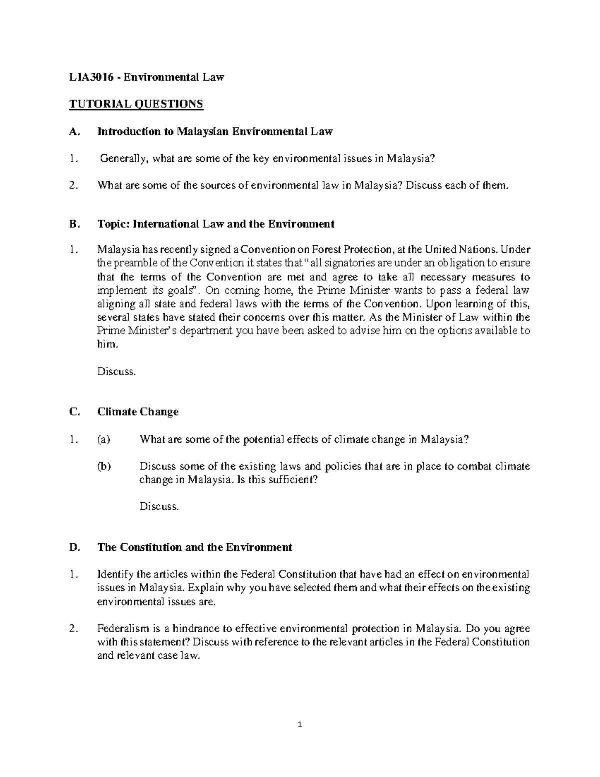 LIA3016 Environmental Law: Comprehensive Tutorial Questions - Studocu