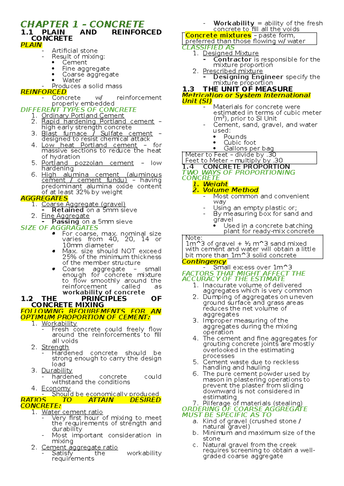 CMT 101: Chapter 1 - Concrete Types, Mixing Principles, and Proportions ...
