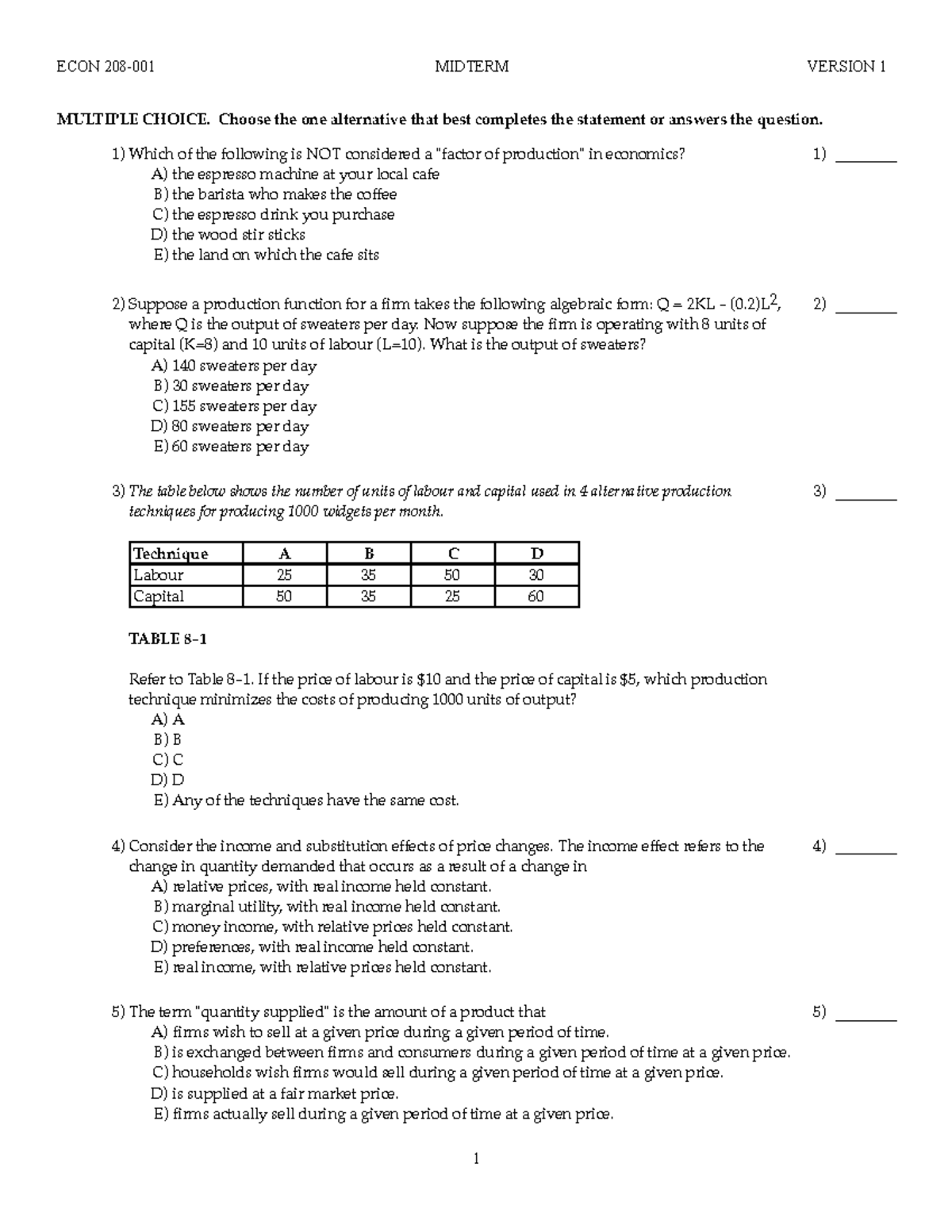 Midterm Exam Answers for ECON 208-001 Version 1 - Studocu