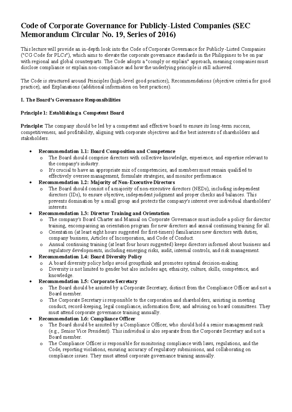 Code of Corporate Governance for Companies (SEC MC No. 19, 2016 ...