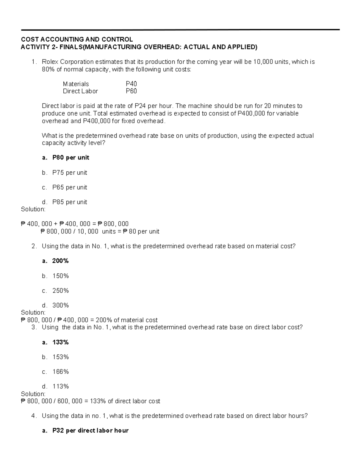 COST ACCOUNTING AND CONTROL: FINAL EXAM REVIEW FOR ACCT101 - Studocu