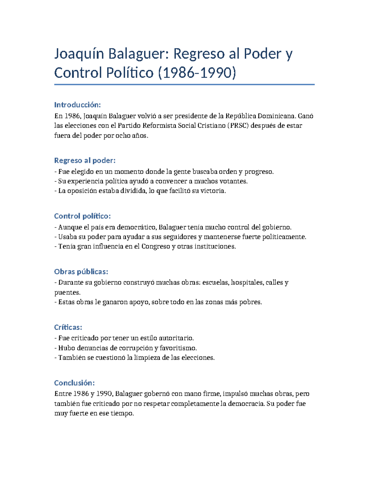 Balaguer 1986-1990: Regreso al Poder y Control Político - Studocu