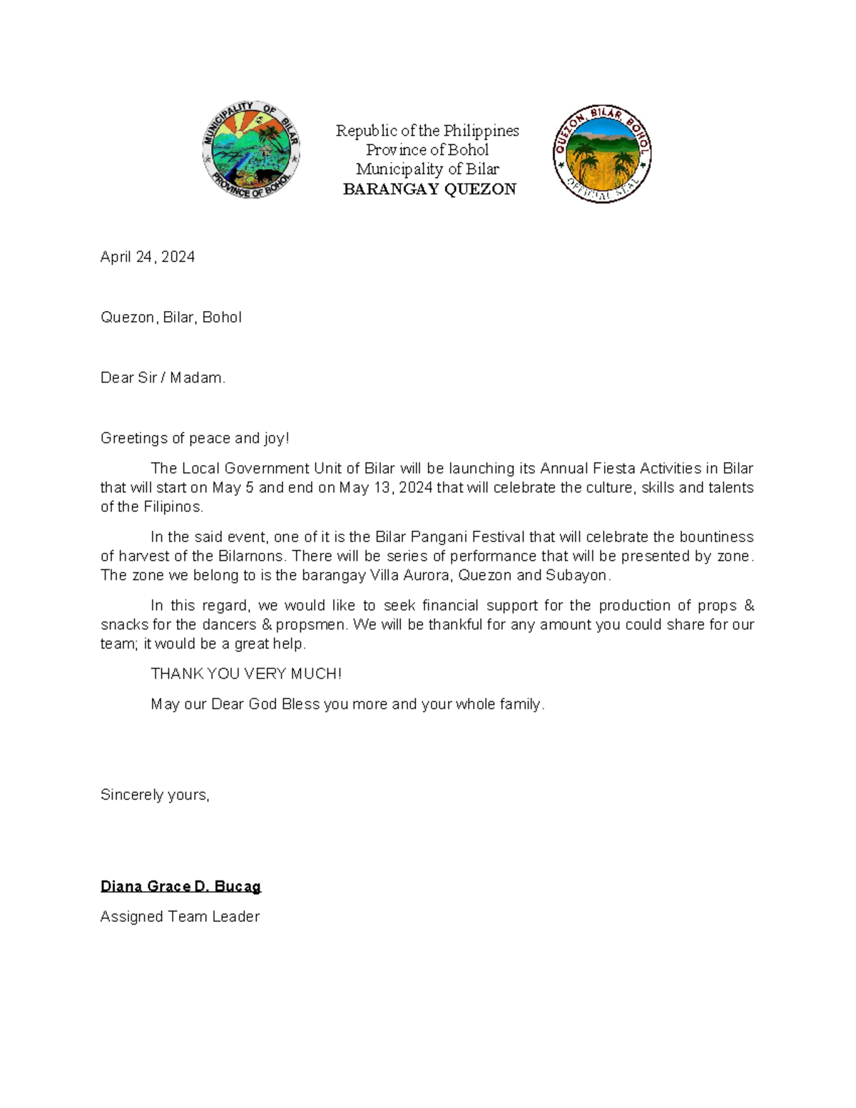 Annual Fiesta Activities Financial Support Solicitation - Bilar - Studocu