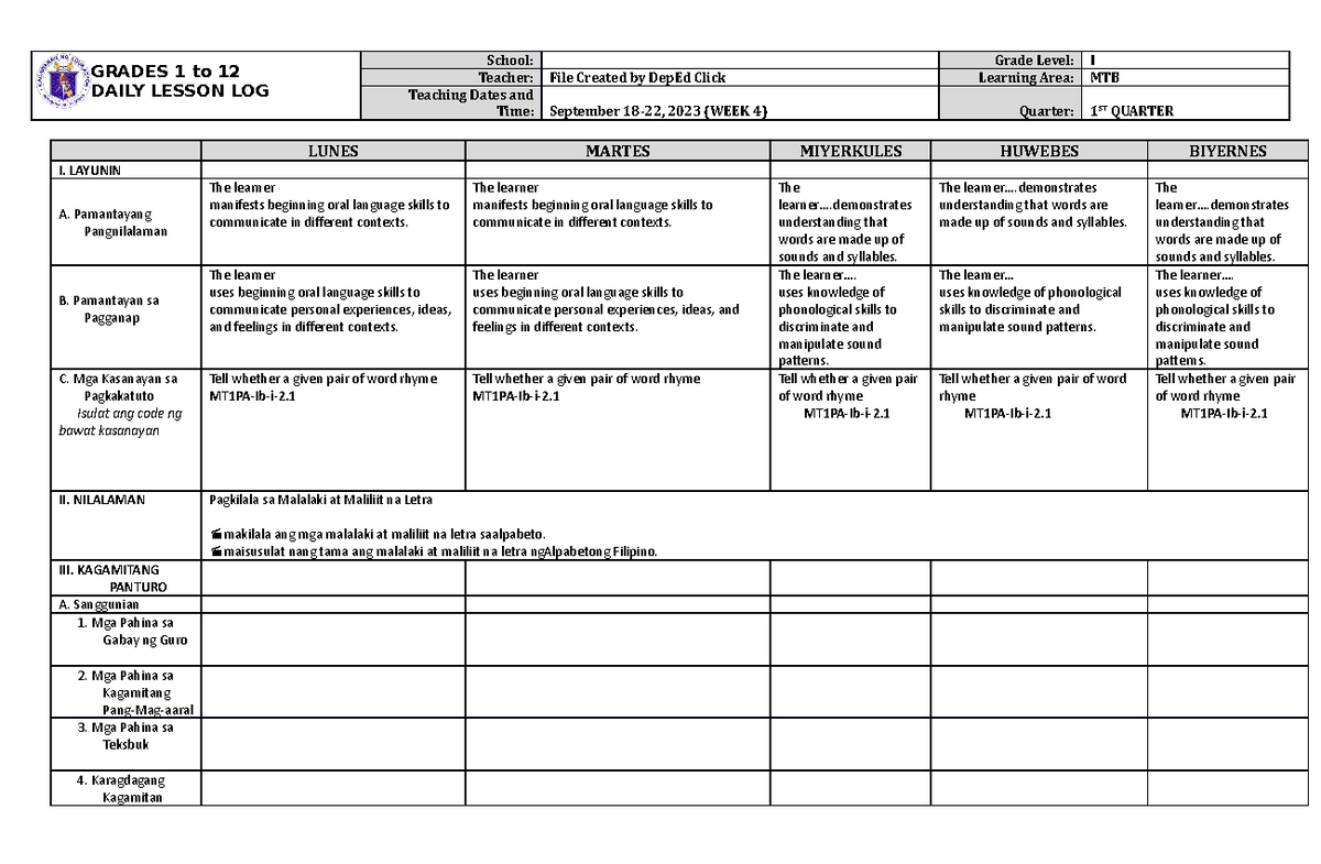 DLL MTB 1 Q1 W4 - Daily lesson plan - GRADES 1 to 12 DAILY LESSON LOG ...
