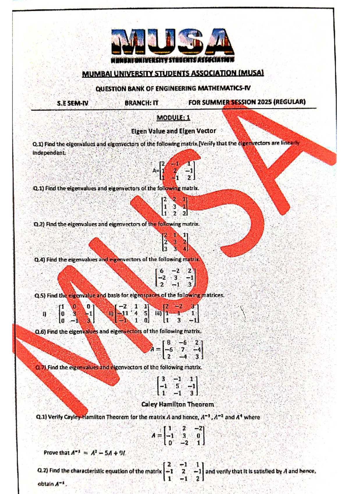 MUSA 2025 Engineering S.E Branch: Important Maths Question Bank - Studocu