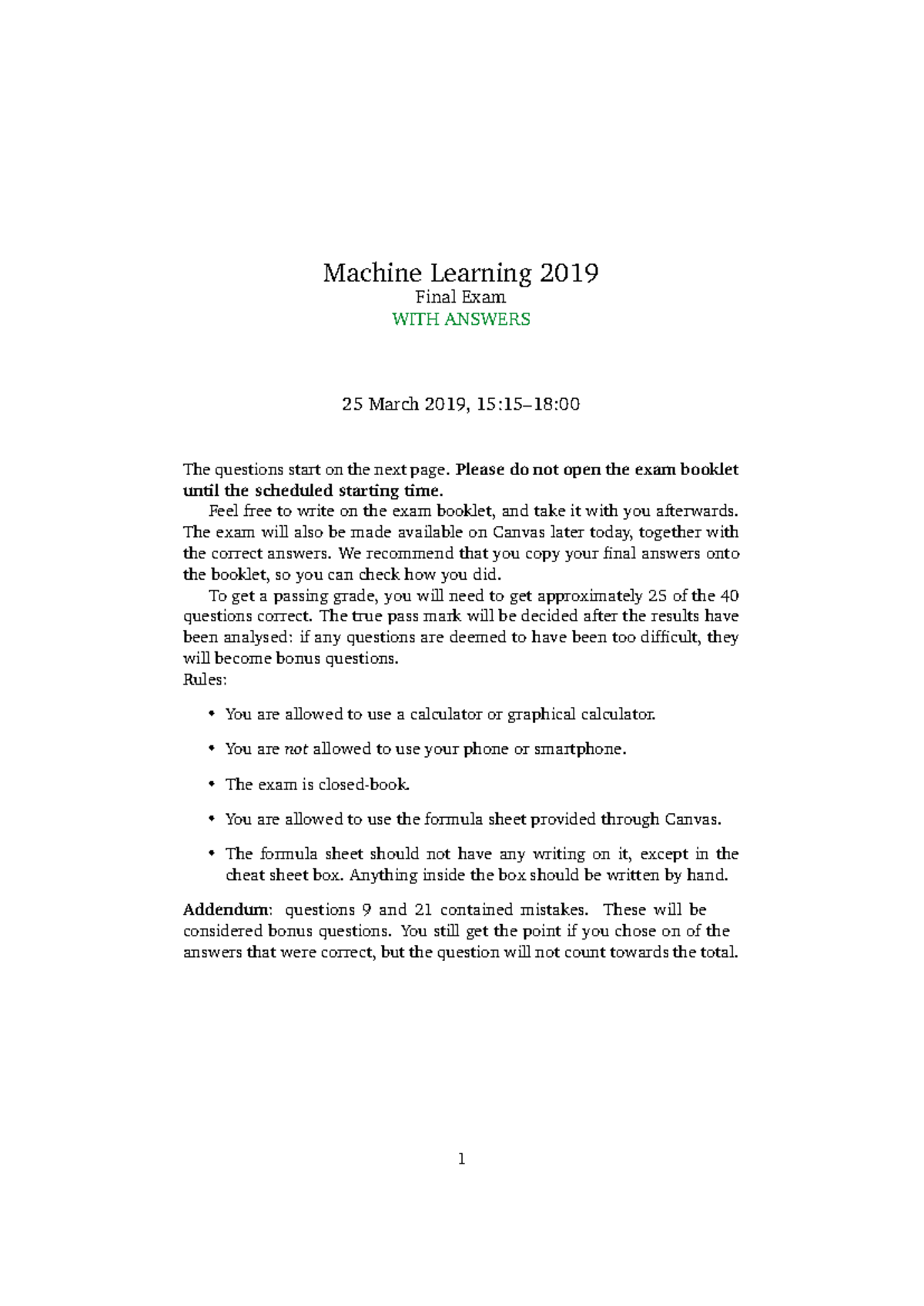 Machine Learning 2019 Final Exam with Answers (25 March) - Studeersnel