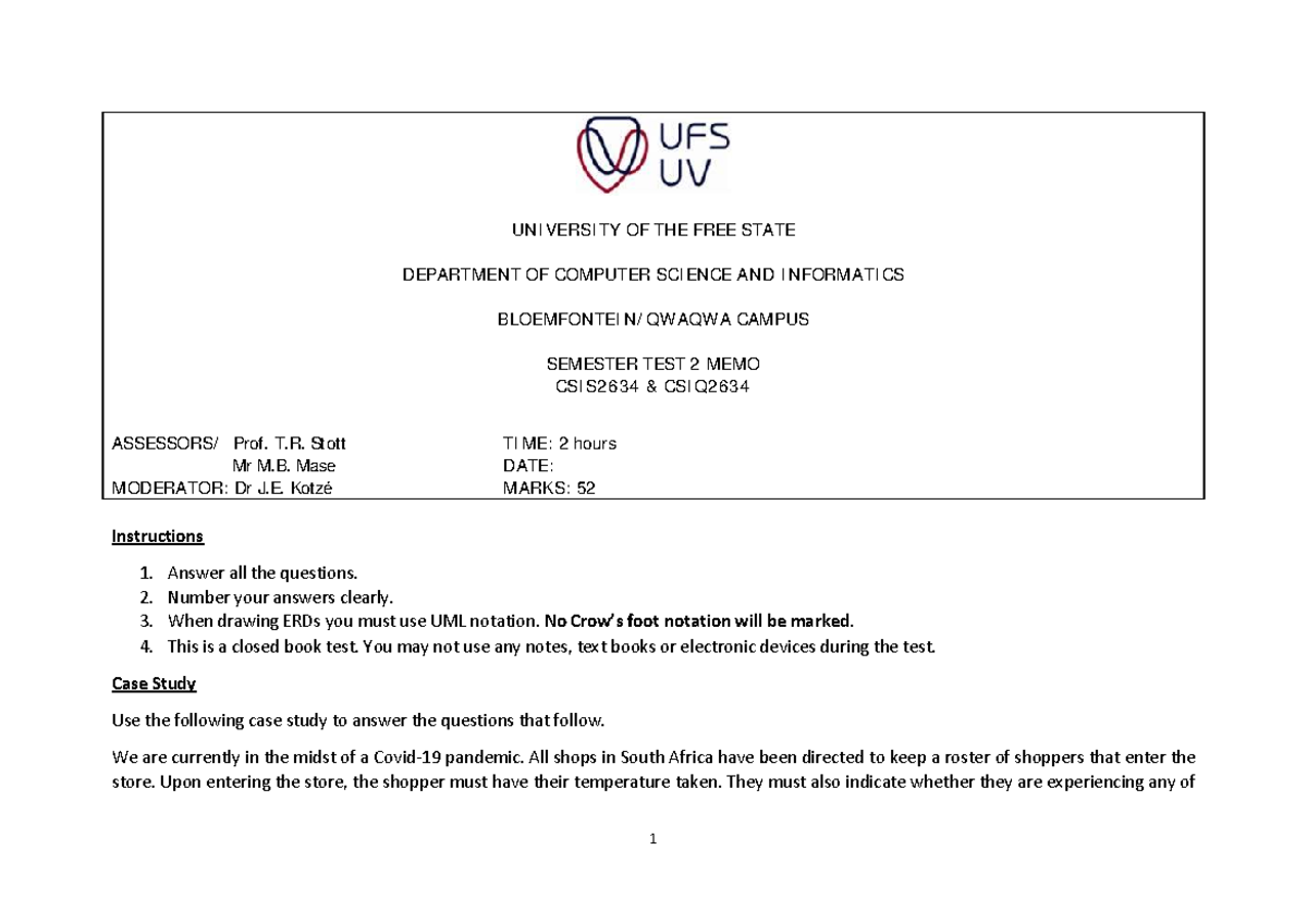 Main Test 2 Memo - CSIS2634 CSIQ2634 Computer Science Exam - Studocu