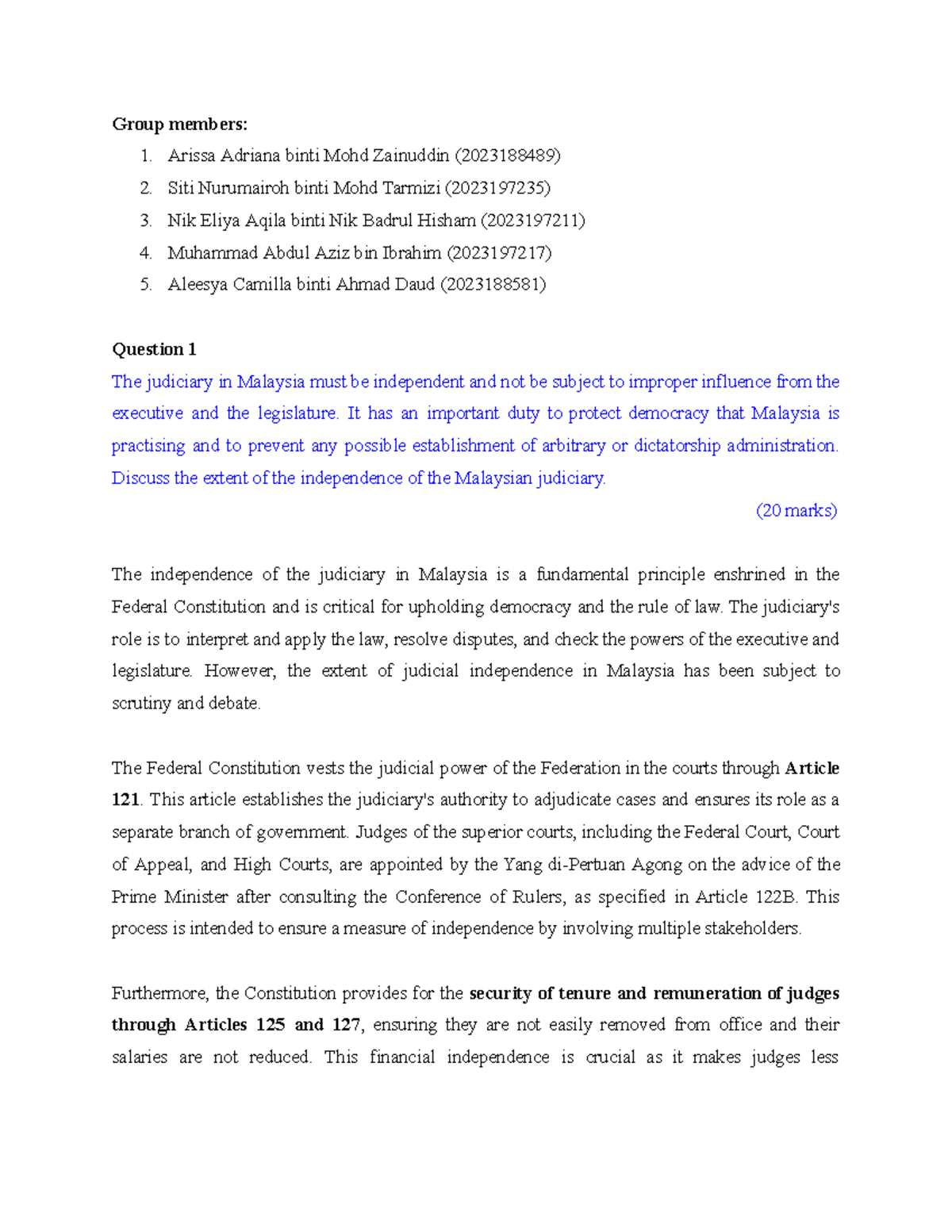 LAW487 Tuto 2 - Independence of Malaysian Judiciary & Legislative Process - Document Preview