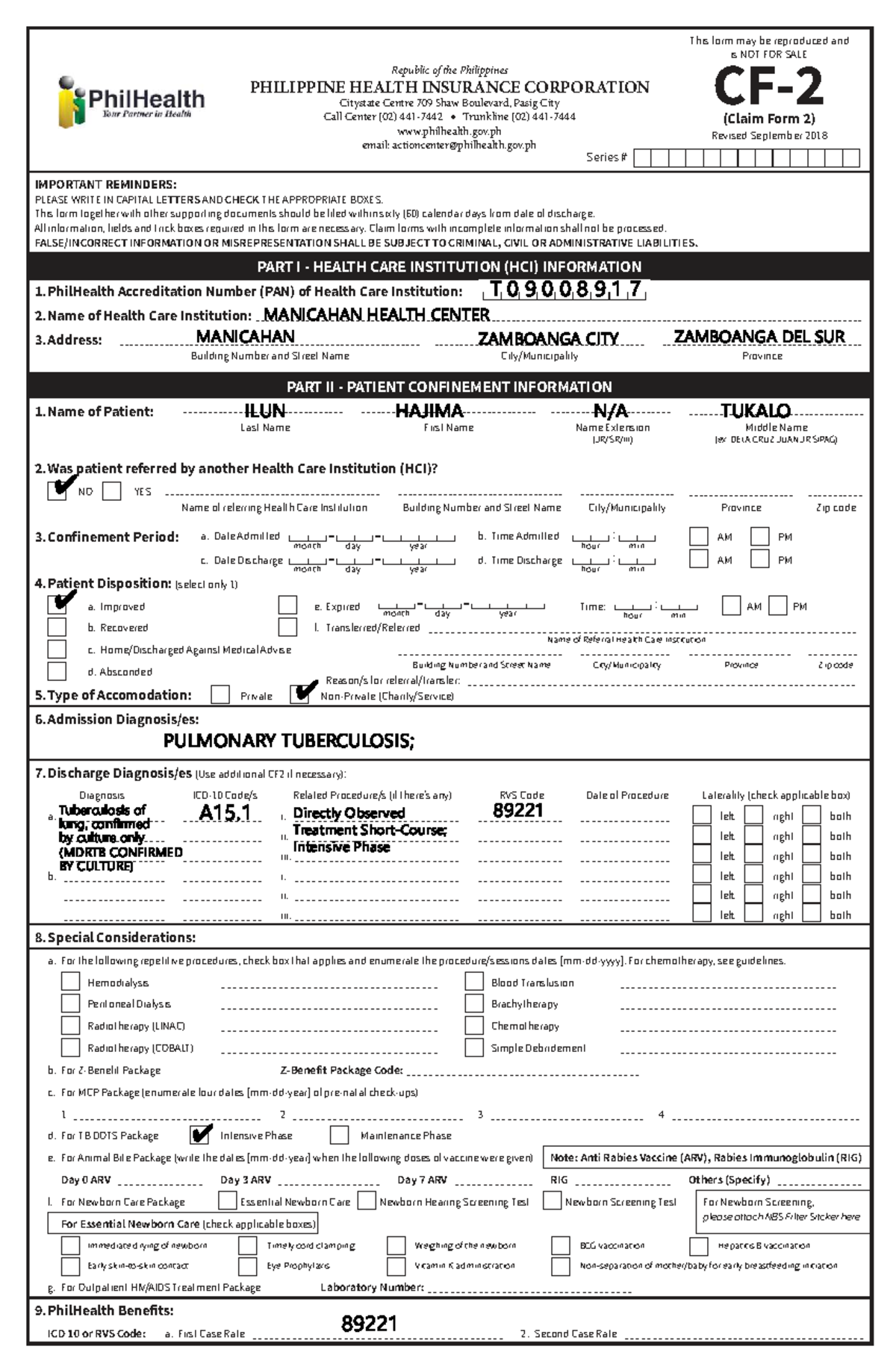 PhilHealth Claim Form 2 (CF-2) for TB Treatment - Studocu