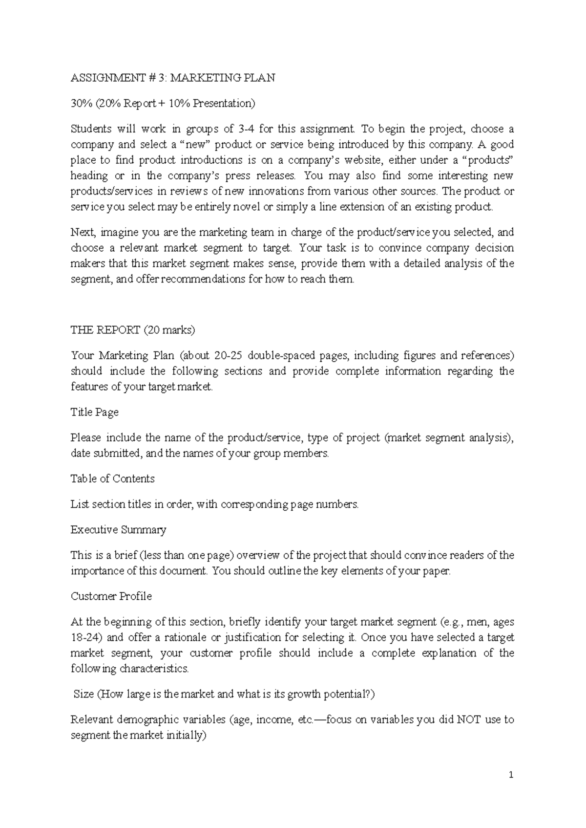 Assignment 3 marketing plan project - ASSIGNMENT # 3: MARKETING PLAN 30 ...