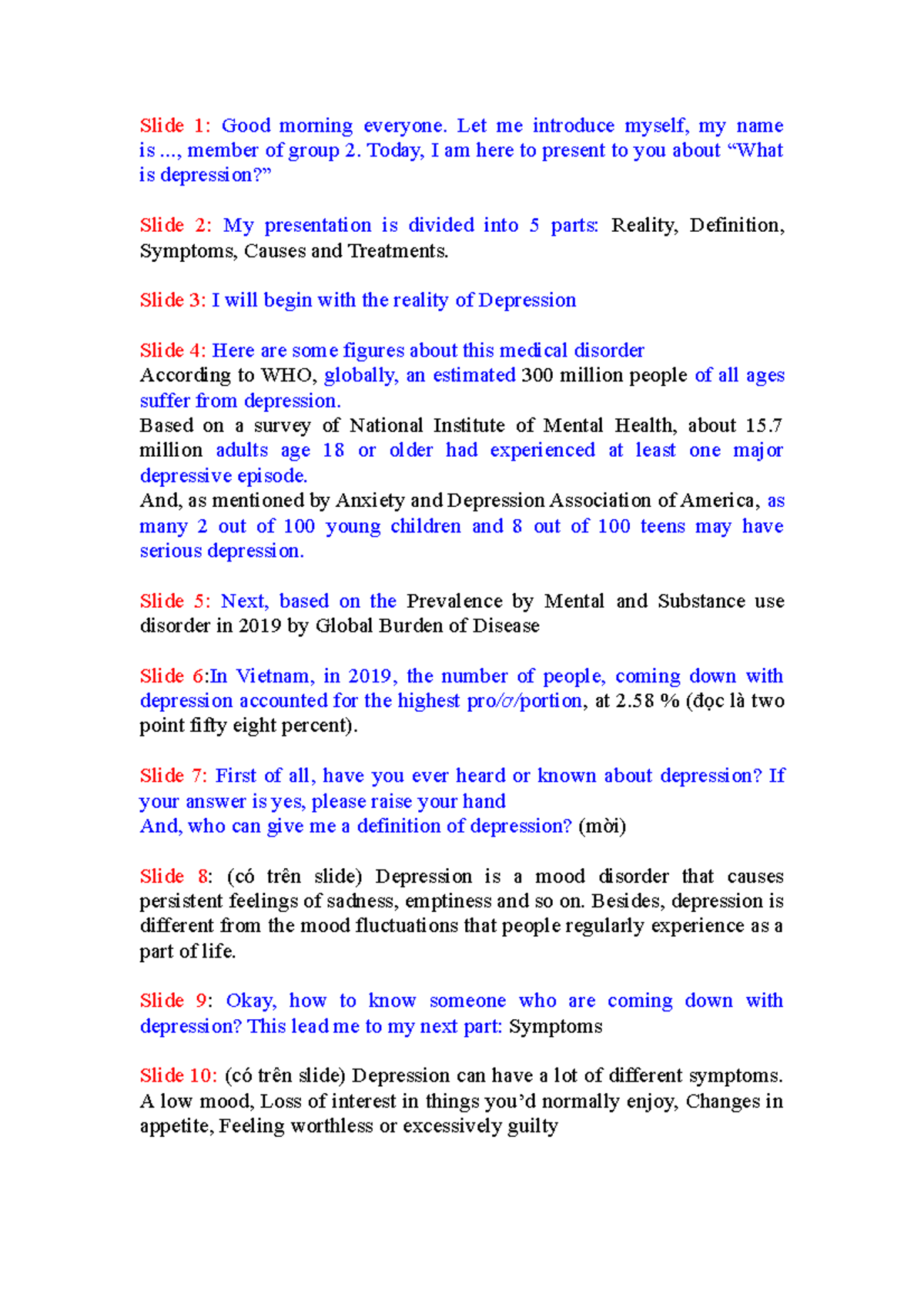 Script thuyết trình chủ đề Depression - Slide 1: Good morning everyone ...