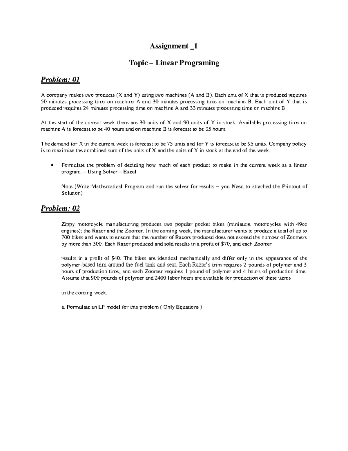 Assignment 1: Linear Programming Problems for Production Optimization ...