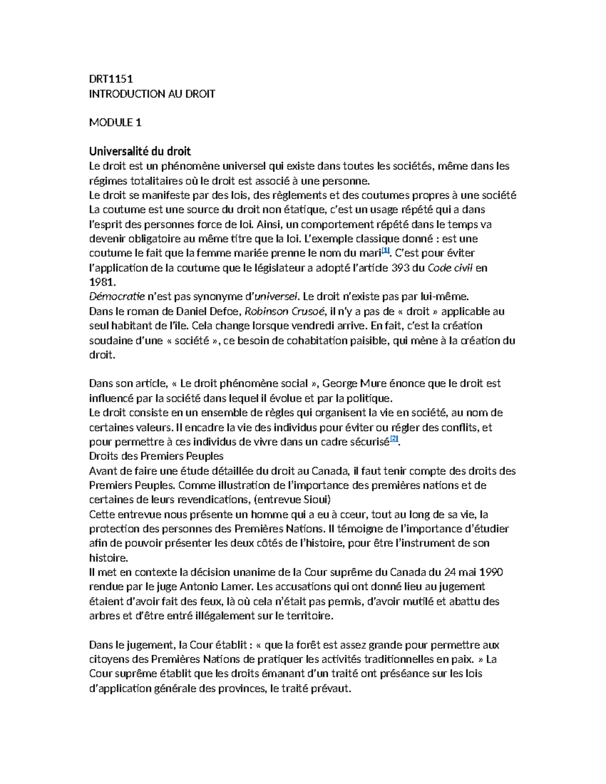 DRT1151 - Notes sur l'introduction au droit et les droits des Premiers ...