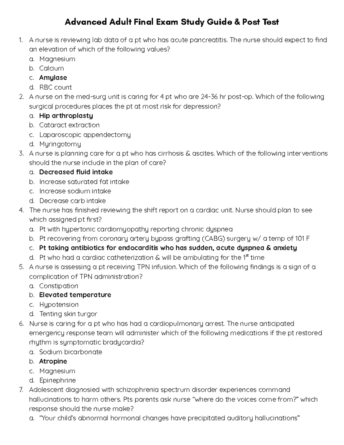 Advanced Adult Nursing Final Exam Study Guide & Post Test - Studocu