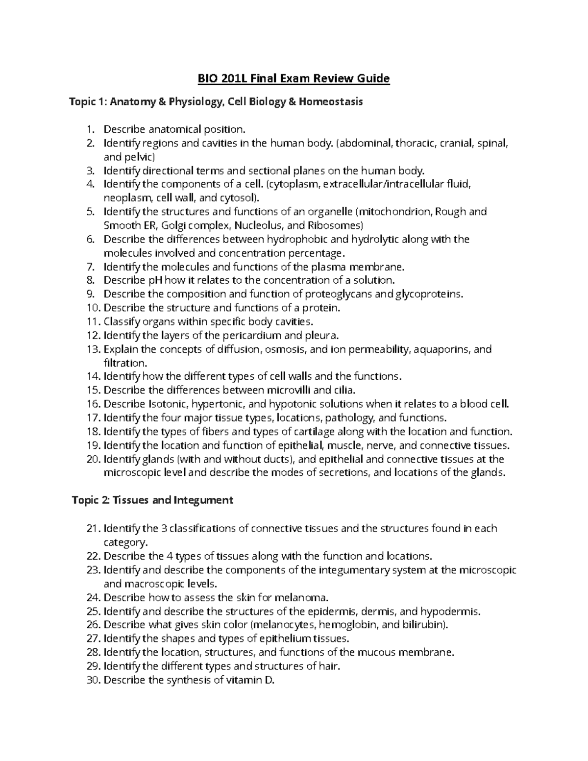 BIO 201L Final Exam Review Guide: Anatomy, Physiology & Tissues - Studocu