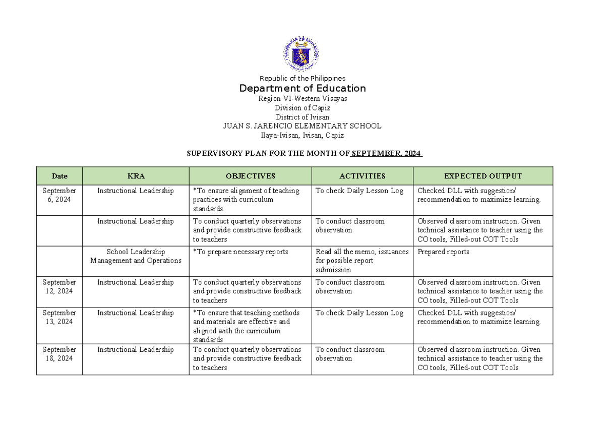 Supervisory Plan & Report for September 2024 - JUAN S. JARENCIO ...
