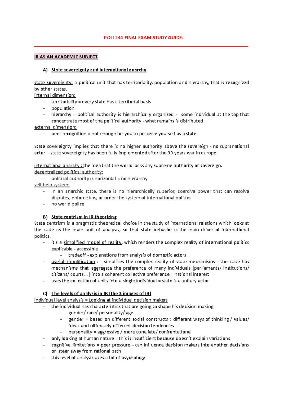 POLI 244 Final Exam Study Guide: Key Concepts in International ...