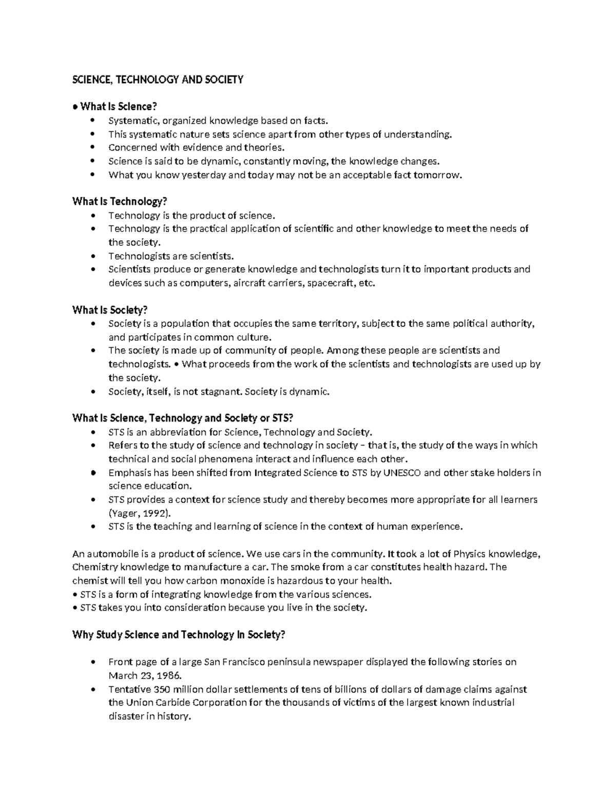 STS Preliminary Notes: Understanding Science, Technology, and Society ...
