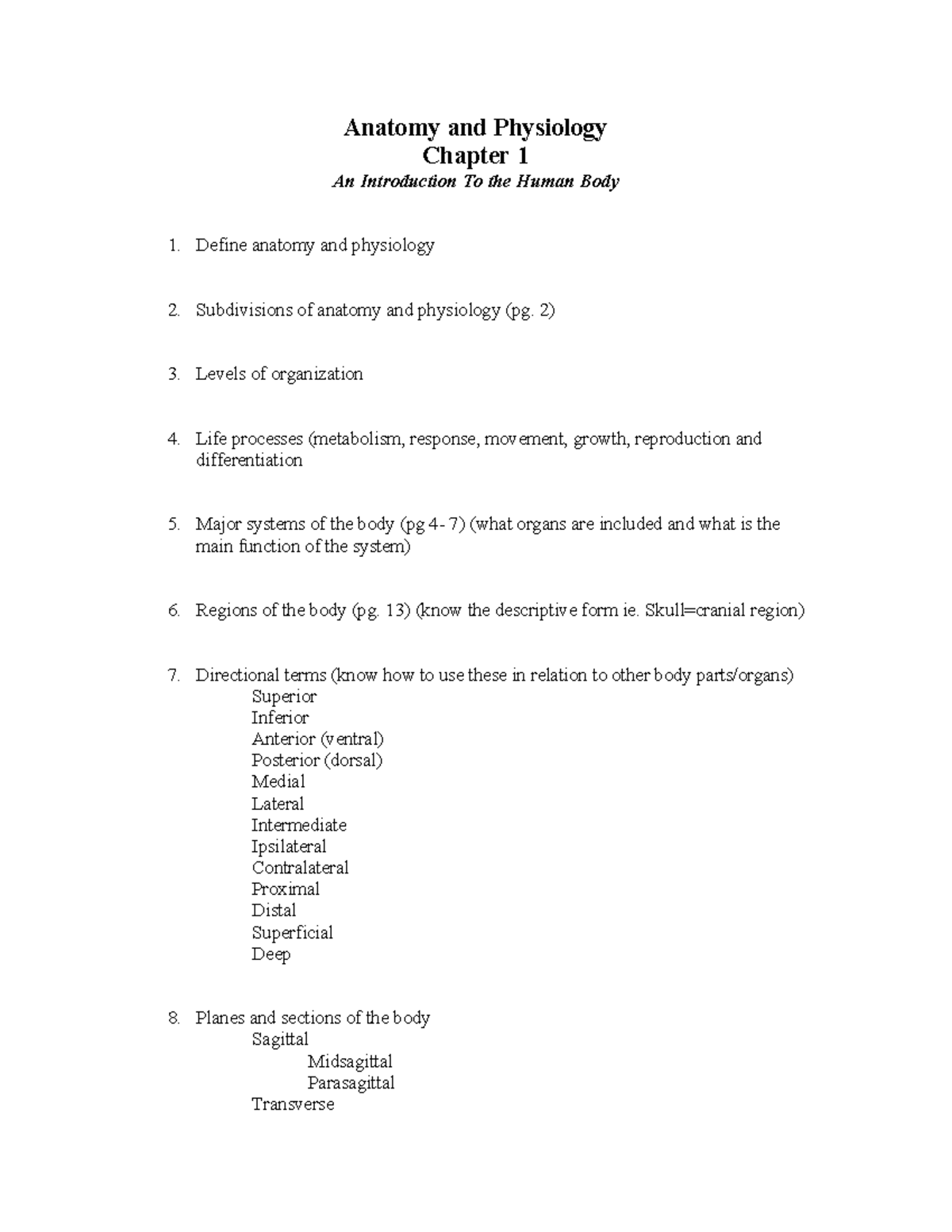 Anatomy & Physiology CH 1: Intro to the Human Body Review Notes - Studocu