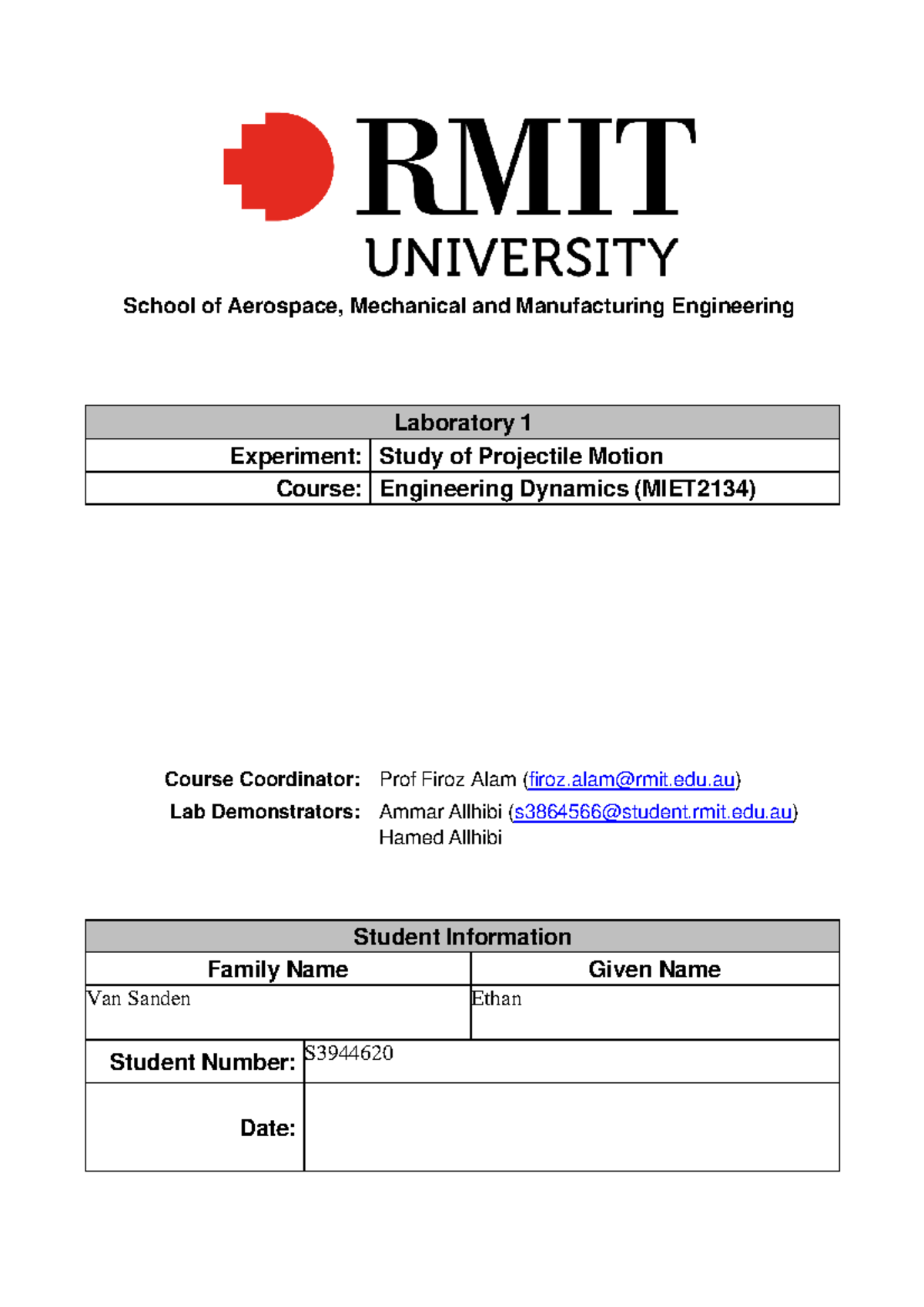 Lab 1: Studying Projectile Motion in Engineering Dynamics (MIET2134 ...