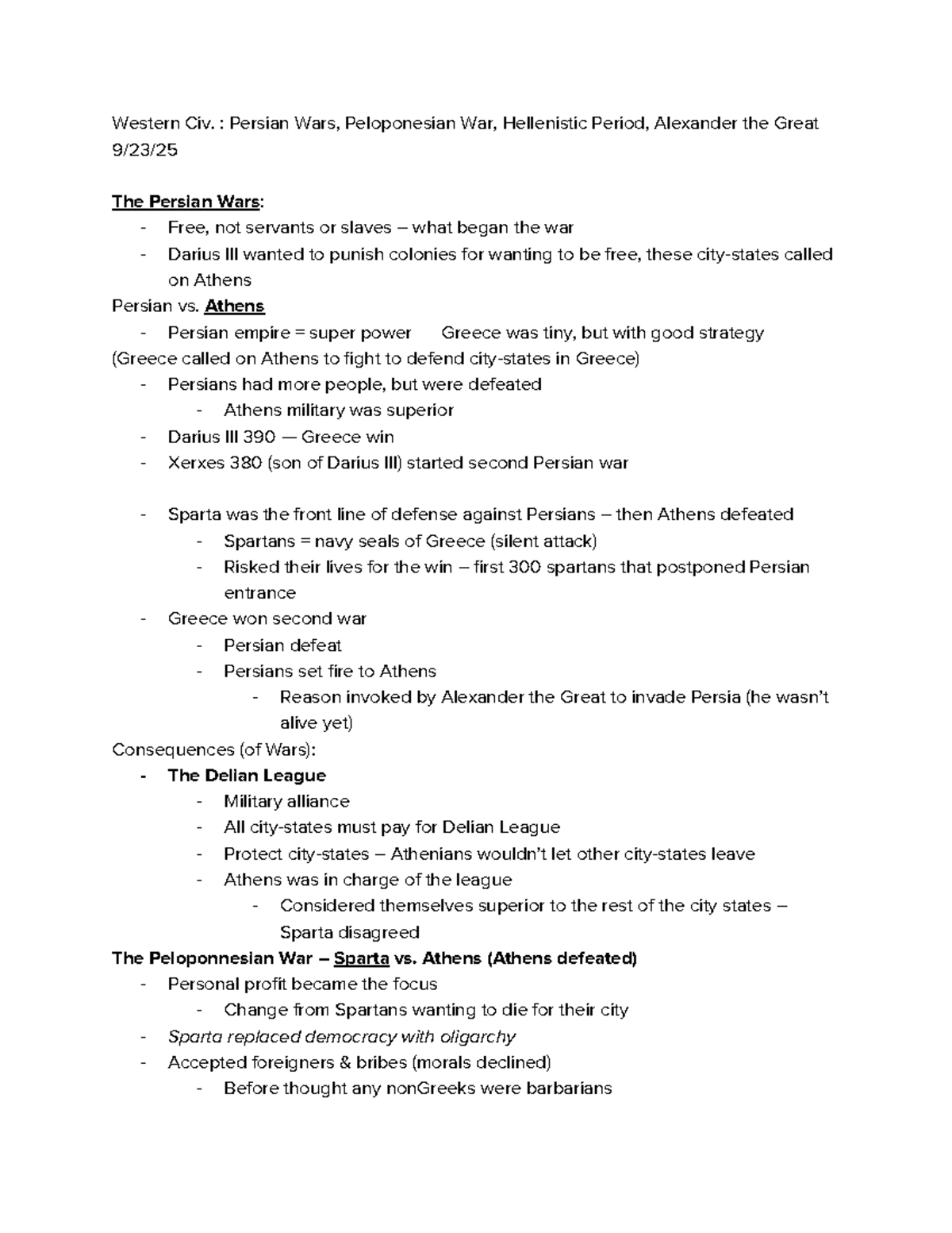 Western Civ. Final Exam Notes: Persian Wars to Hellenistic Period - Studocu