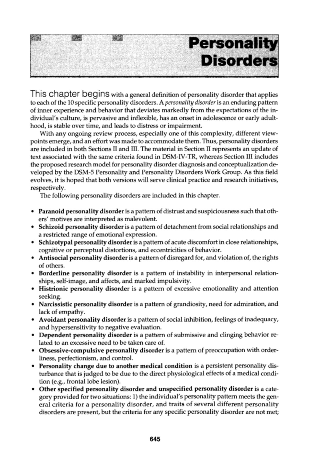 Chapter on Personality Disorders Overview - Studocu