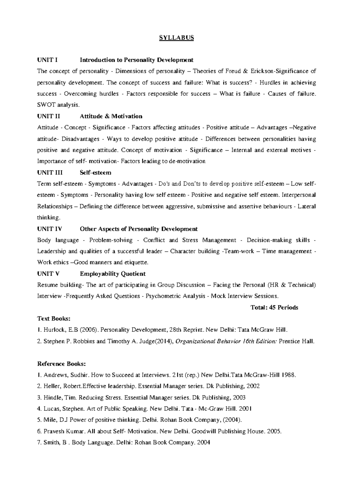 PD BBA 1 Syllabus: Personality Development Units 1 & 2 Overview - Studocu