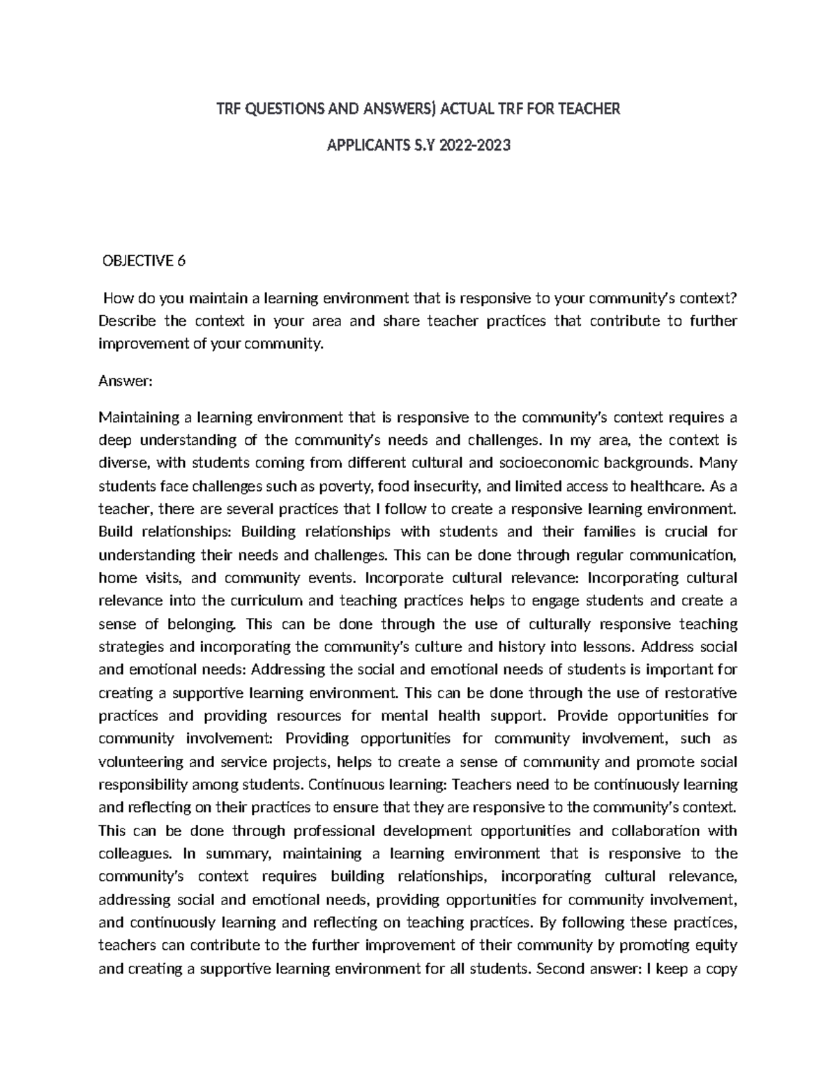 TRF Q&A for Teacher Applicants S.Y. 2022: Responsive Teaching Practices ...