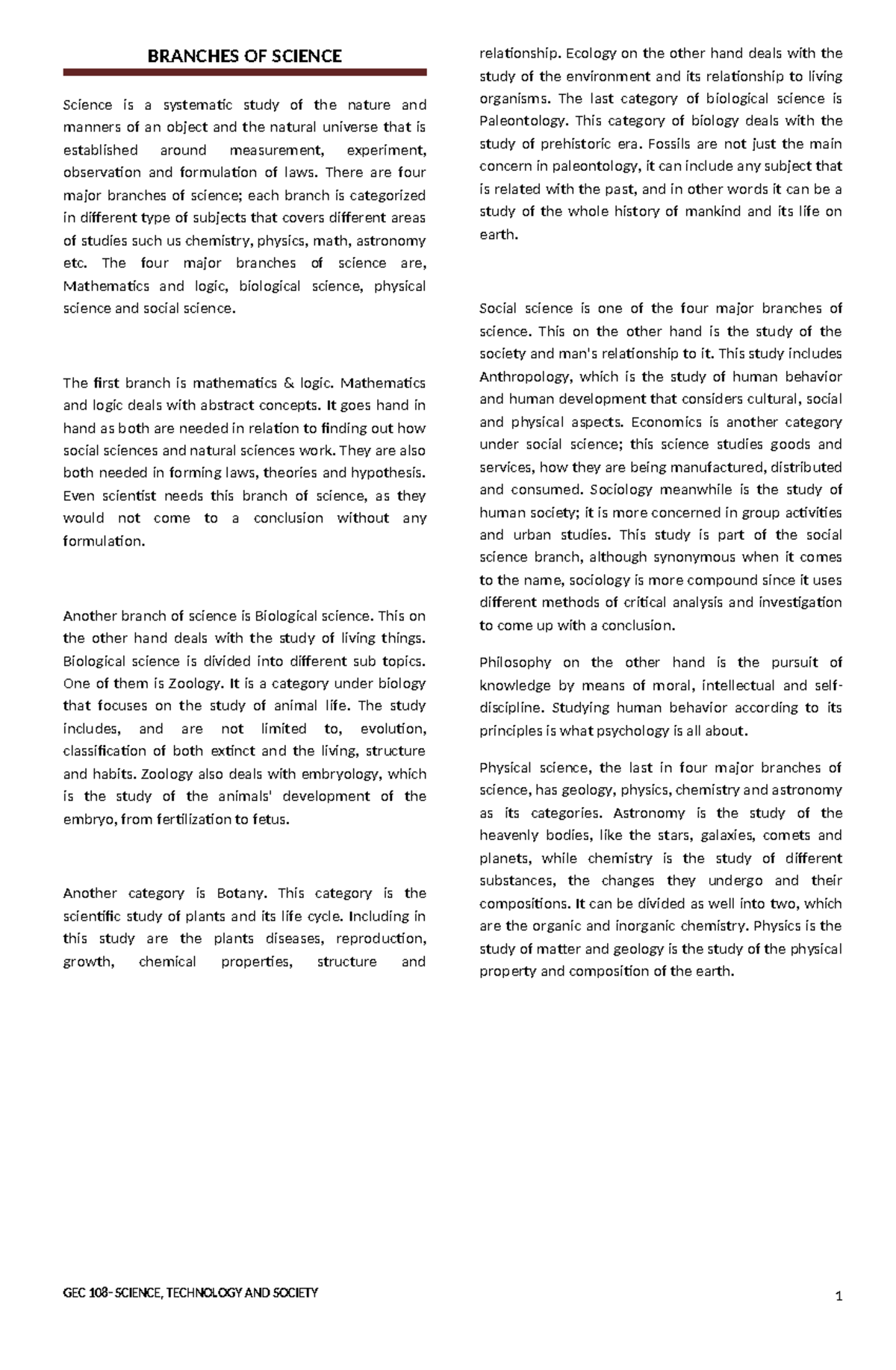 GEC108 Branches-OF- Science - BRANCHES OF SCIENCE Science is a ...
