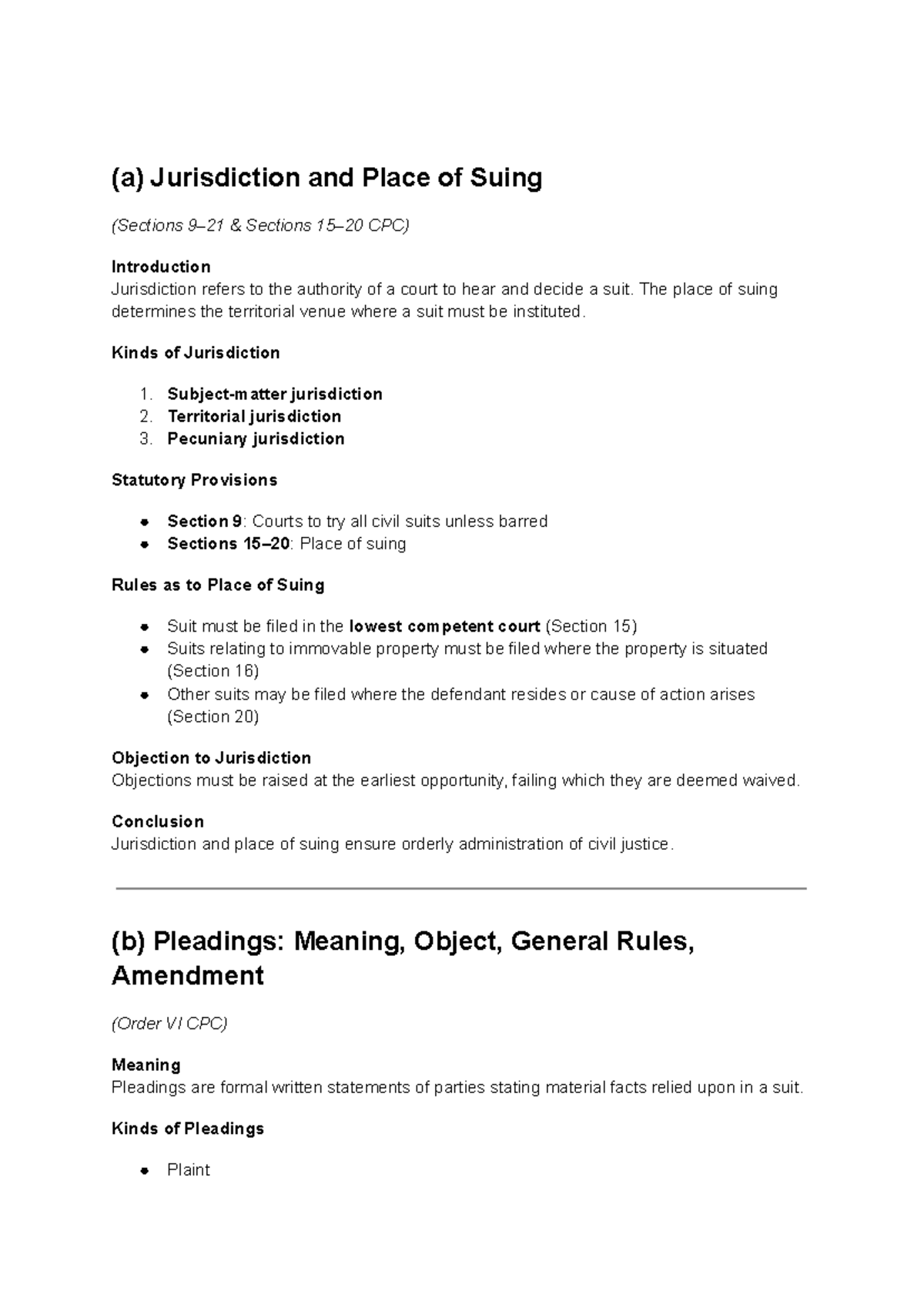 CPC Unit 2: Jurisdiction, Pleadings, and Court Procedures Notes - Studocu