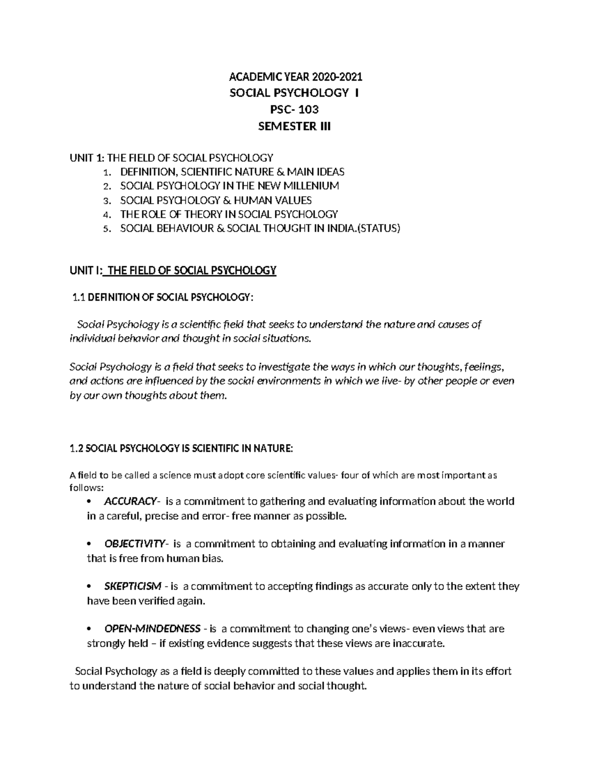 SOCIAL PSYCHOLOGY I 103: UNIT 1 OVERVIEW AND KEY CONCEPTS - Studocu
