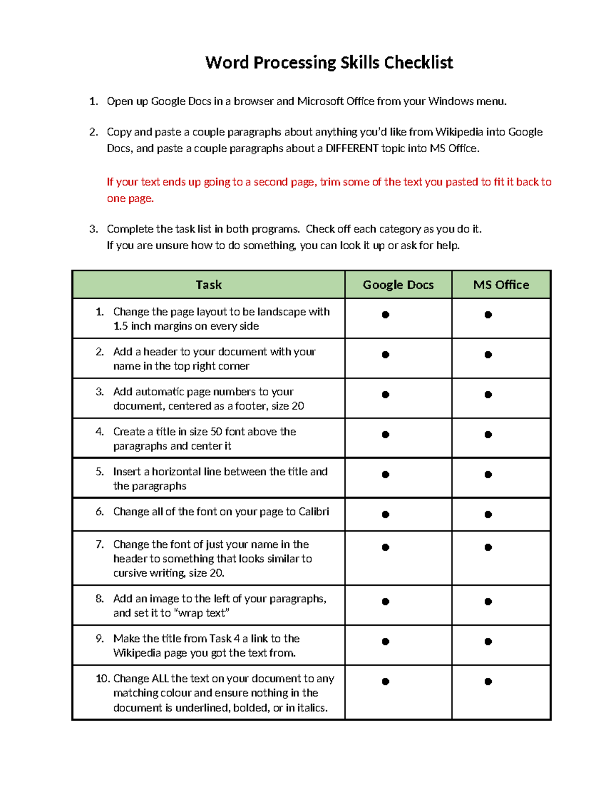 Word Processing Skills Checklist: Google Docs & MS Office Tasks - Studocu