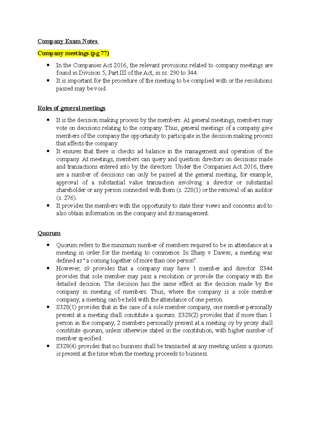 Company Exam Notes: Summaries of Key Topics on Meetings & Directors ...