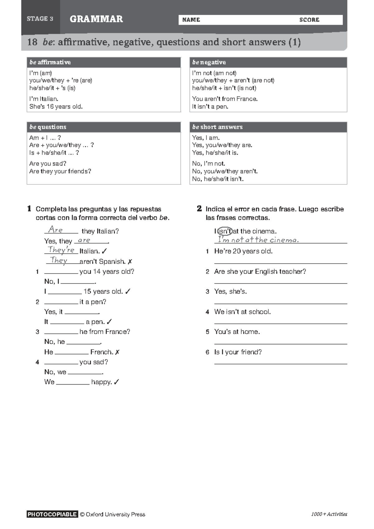 STAGE 3 GRAMMAR EXERCISES: Affirmative, Negative, Questions - Studocu