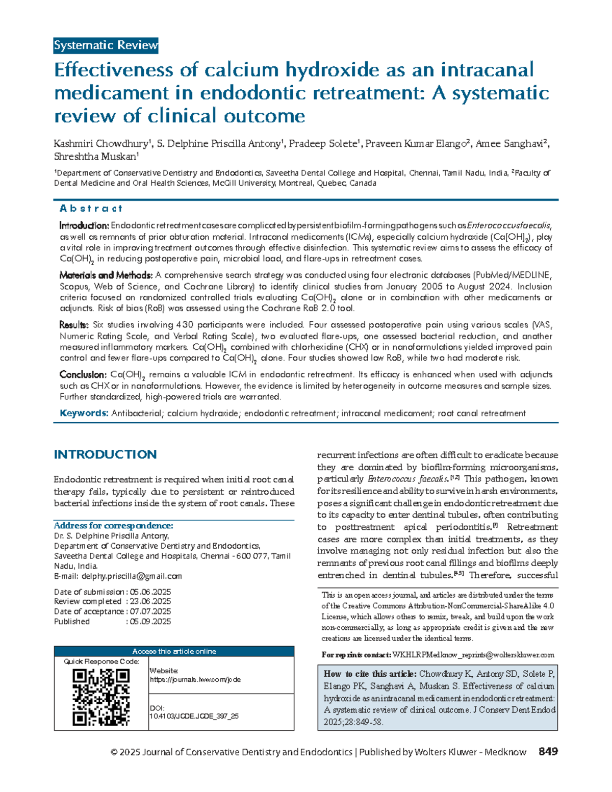 Systematic Review: Efficacy of Calcium Hydroxide in Endodontic ...