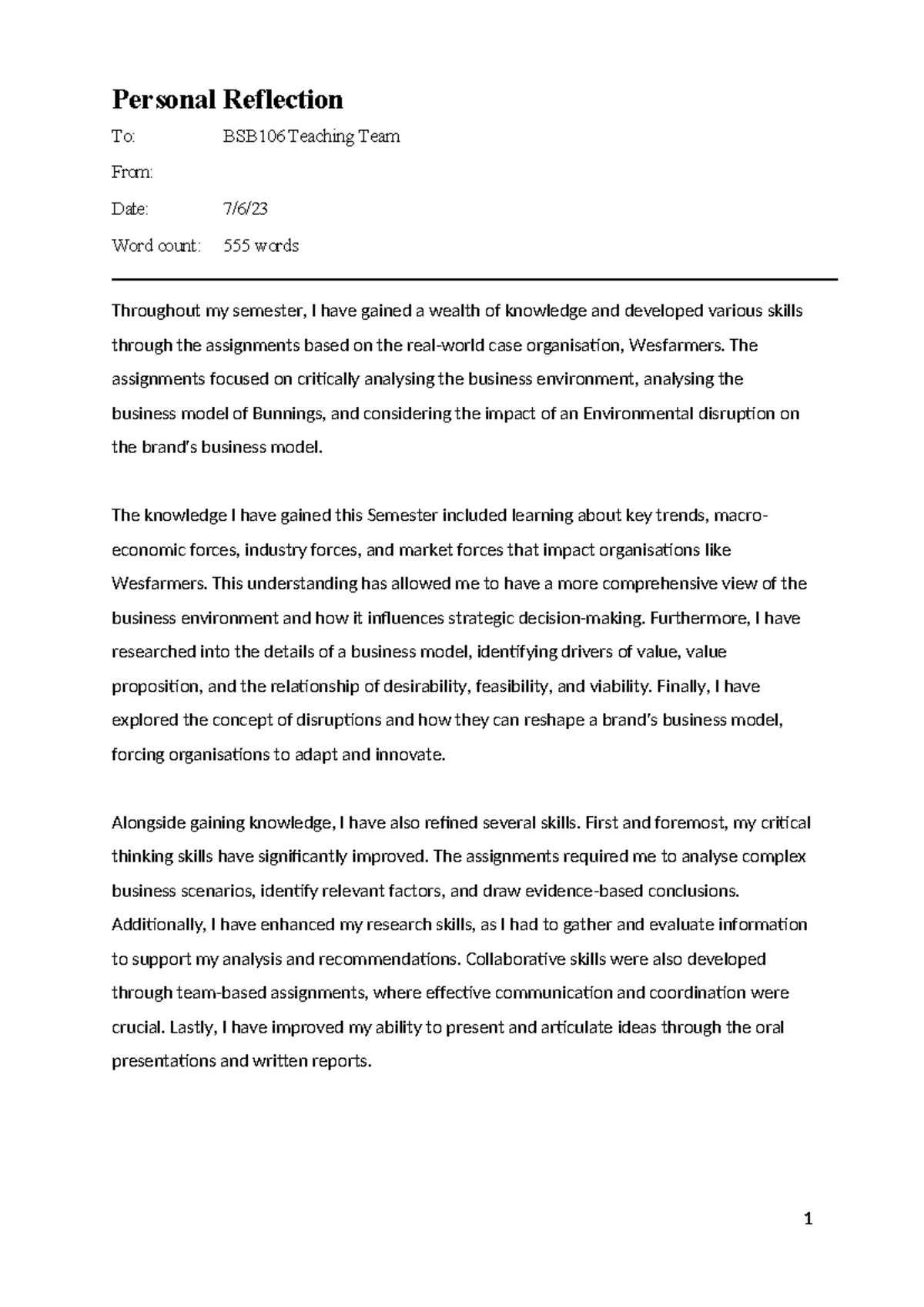 Reflection bsb106 3 - Personal Reflection To: BSB106 Teaching Team From ...