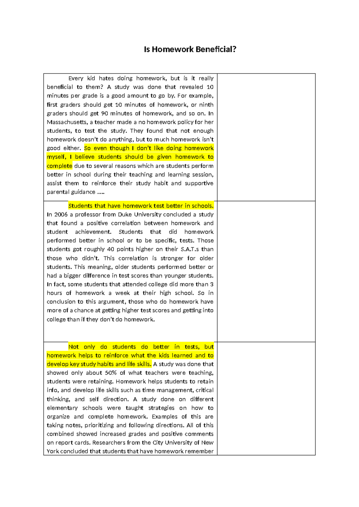 Copy of Argumentative Essay - sample 1 - Is Homework Beneficial? Every ...