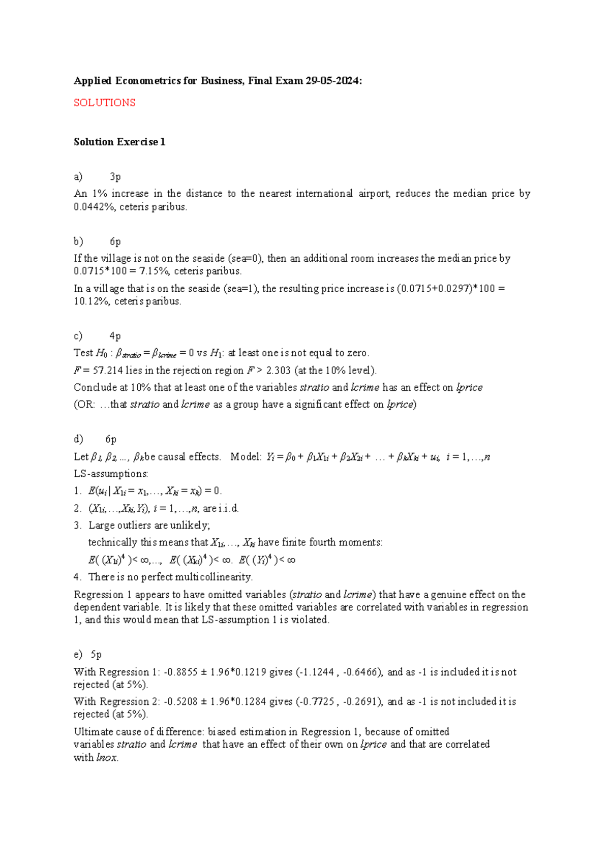 Applied Econometrics for Business (Final Exam) Solutions and Analysis ...